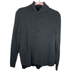 Garnet Hill Womens M  Gray  Wool Turtle Neck Pullover Side Buttons Lace Trim